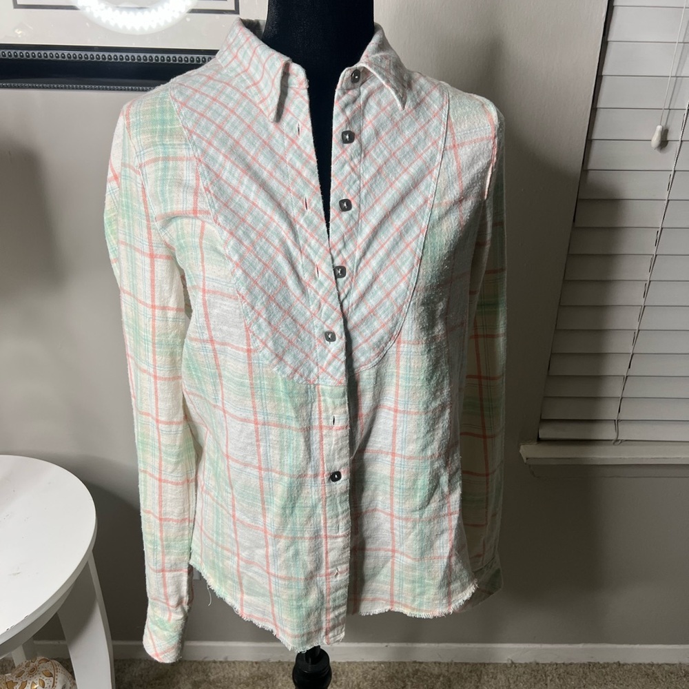 Free people pastel raw hem plaid button down shirt - Picture 2 of 11